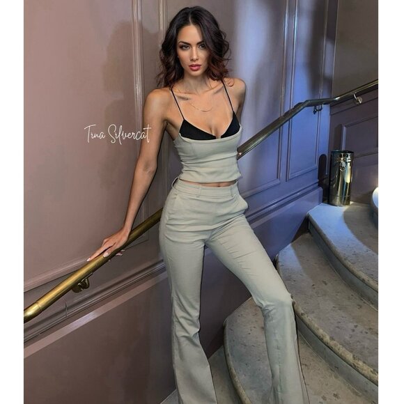 BLOGGER'S FAVE! Zara 2 Piece Flared Pants And Matching Tank Top Set Khaki NWT - Picture 2 of 14